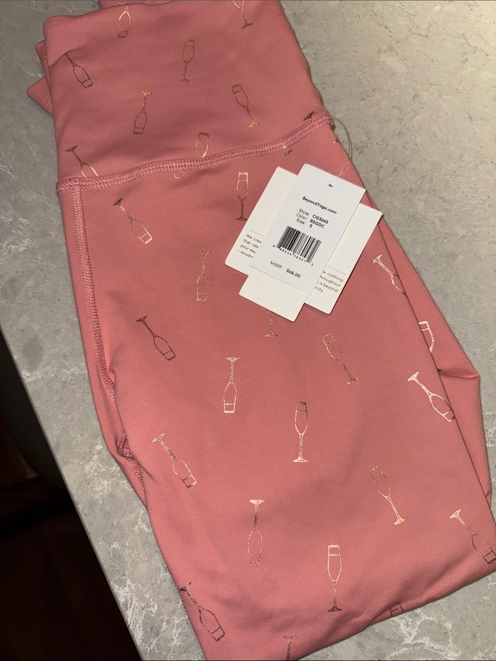 NWT Beyond Yoga Small Pink Leggings with Gold Champagne Glass Print